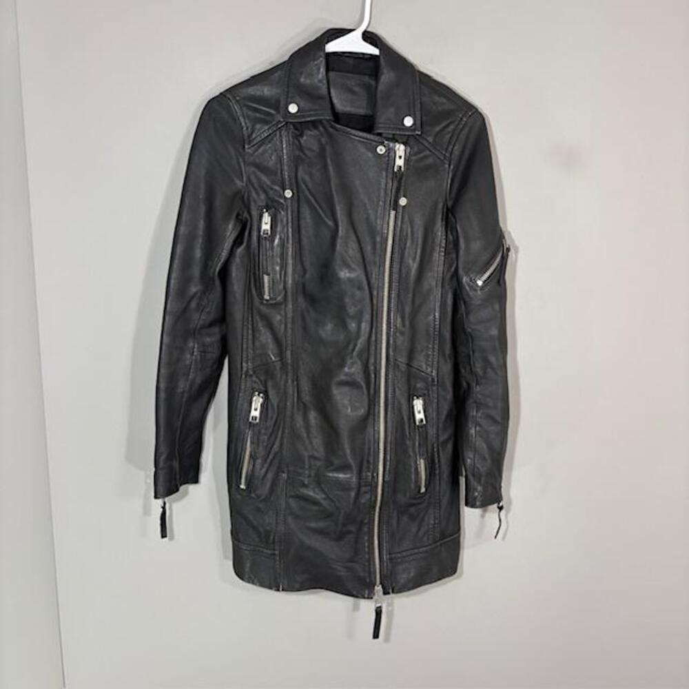 AllSaints Jacket Womens 0 Black Asker Biker Leather Long Zip Moto Coat Pockets